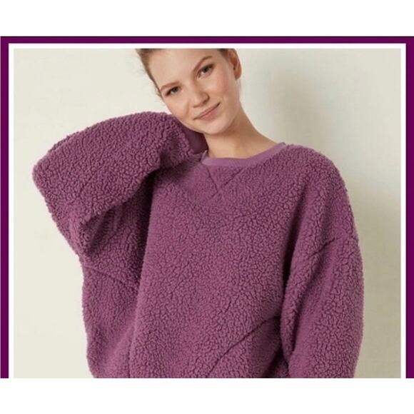 PINK VICTORIA'S SECRET MAUVE SHERPA TEDDY BEAR  PULLOVER SWEATSHIRT S - Picture 2 of 7